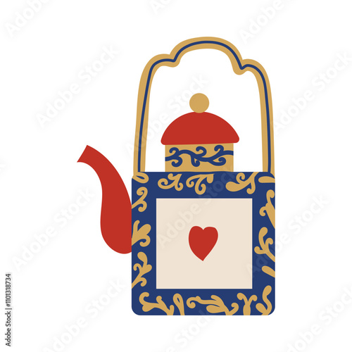 Beautiful teapot icon . Decorative ceramic kitchen teapot for brewing tea. Vector illustration doodle cartoon style for cozy warm design ,winter , autumn and cool season. For sticker , card or banner.