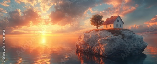 a juxtaposition of two houses one poised on soft sand the other firmly on solid rock beneath a dramatic sunset sky symbolizing the wisdom of a strong foundation versus fragility photo