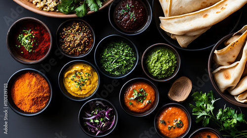 A minimalist display of injera bread with small bowls of colorful Ethiopian sauces and dips photo