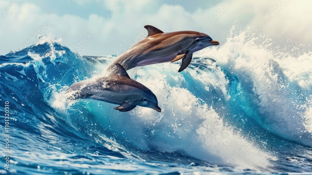Obraz premium photograph of Playful dolphins jumping over breaking waves. Hawaii Pacific Ocean wildlife scenery. Marine animals in natural habitat.