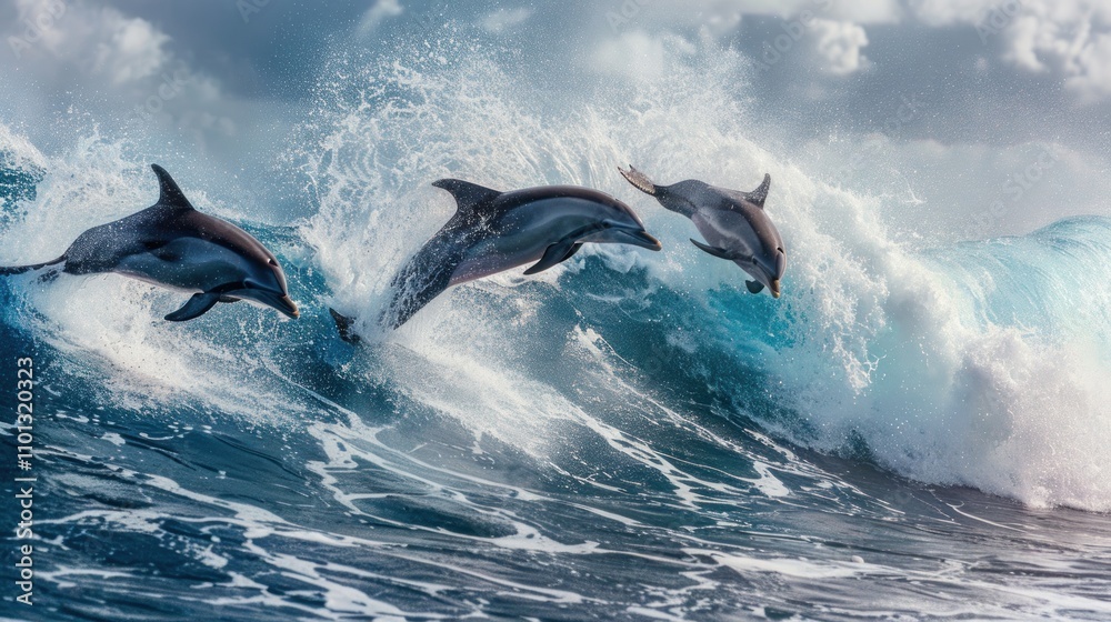 Naklejka premium photograph of Playful dolphins jumping over breaking waves. Hawaii Pacific Ocean wildlife scenery. Marine animals in natural habitat.