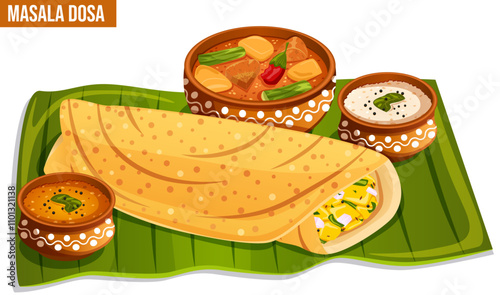 Masala Dosa Served with Sambar, Kara and Coconut Chutneys on Banana Leaf in Mud Pots and Bowl. Traditional South Indian Breakfast Cuisine 