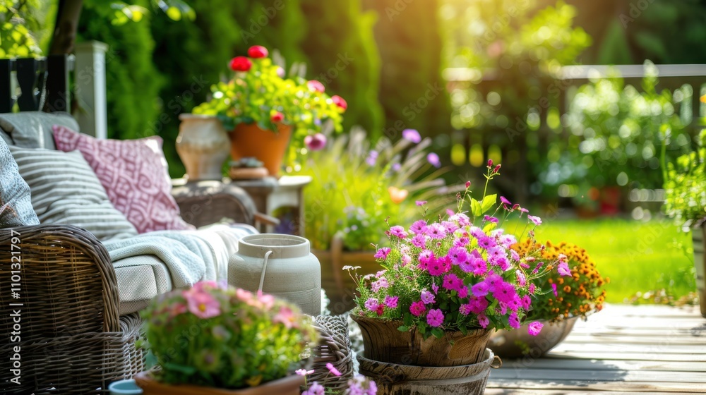 Fototapeta premium photograph of Relaxing area in cozy home garden on summer./ Beauty and relaxing garden with flower pot decoration in cozy home flower garden on summer.