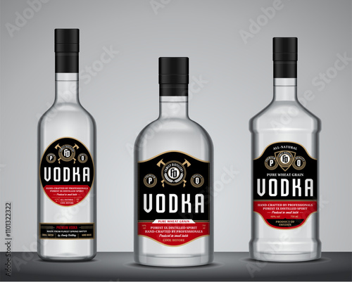 Vector black and red vodka labels, vodka glass bottles