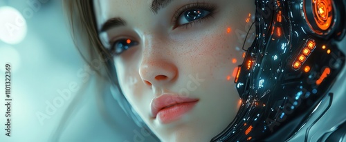 a portrait of a female robot with a sleek androidlike face showcasing advanced artificial intelligence features set against a futuristic backdrop merging technology with humanlike qualities photo