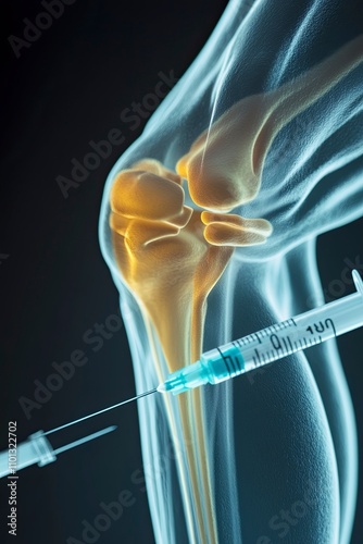 a close up image of a human knee joint which is inflammed and swollen, there is a needle for injection juat nearby the knee photo