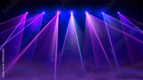 Laser light show. Bright led laser beams, dj light party, smoke. Illuminated blue pink stage, led strobe lights. Background, backdrop for displaying products. Vector illustration