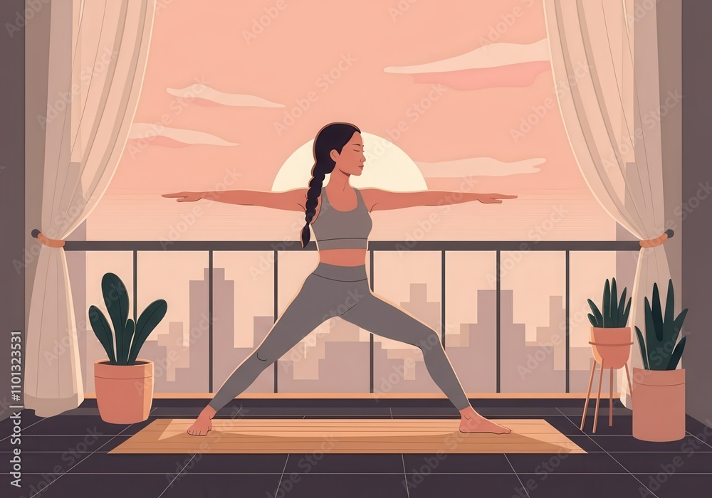 Fototapeta premium Asian female practicing yoga on balcony at sunrise with city skyline