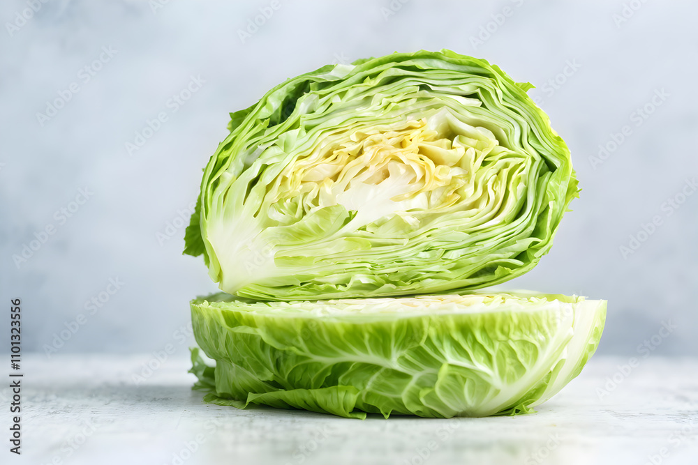 Fototapeta premium Chinese cabbage cut in half, showing crisp layers, softly blurred pastel background tones