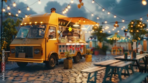 Food trucks at city festival, AI generated image photo