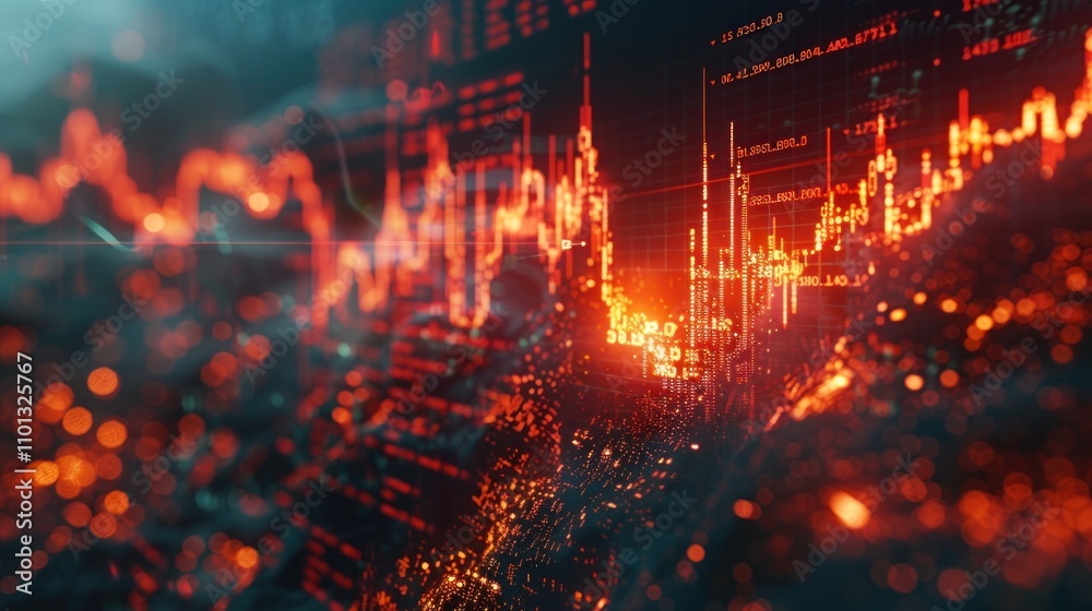 Fototapeta premium Abstract financial data visualization with red and orange glowing lines and bokeh.