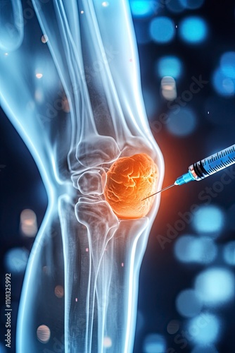 a close up image of a human knee joint which is inflammed and swollen, there is a needle for injection juat nearby the knee photo