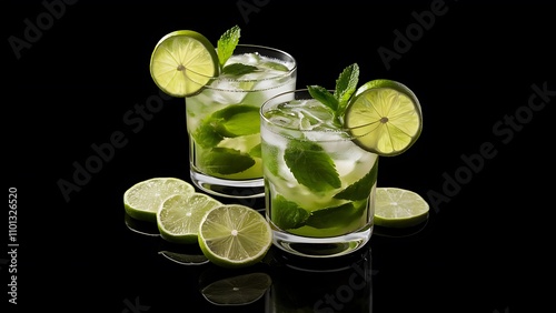 Studio shot of fresh mojito drinks with slime slices, isolated on black background