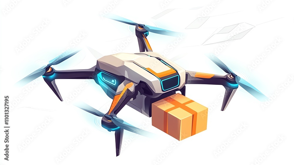 a 2D cartoon illustration of a smart drone delivering a package, high-tech and fast, white background--ar 16:9 a 2D cartoon illustration of a smart drone delivering a package, high-tech and fast, white background--ar 16:9
