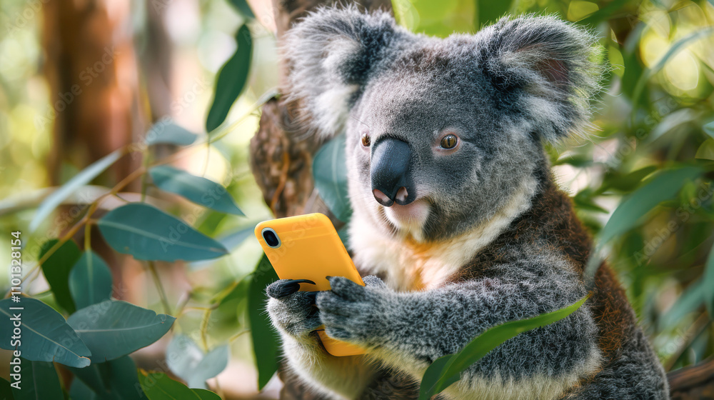Fototapeta premium Little Koala shocked hold yellow mobile cell phone. Cute koala with phone surprised. Creative outside concept for advert, poster, app, shopping, sale, web