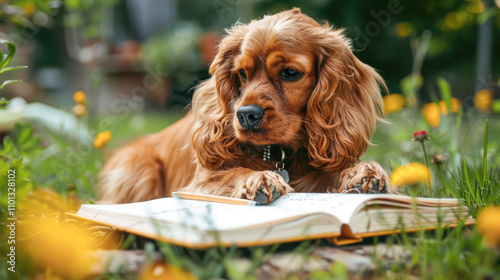 Cute puppi dog thinking, frustrated and fed up doing homework at home. Dog working inside, happy homework. Funny puppi creative concept for advert, poster, app, web photo