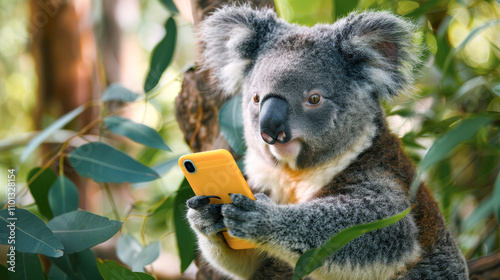 Little Koala shocked hold yellow mobile cell phone. Cute koala with phone surprised. Creative outside concept for advert, poster, app, shopping, sale, web photo