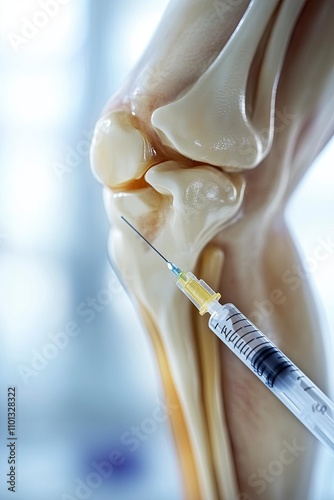 a close up image of a human knee joint which is inflammed and swollen, there is a needle for injection juat nearby the knee photo