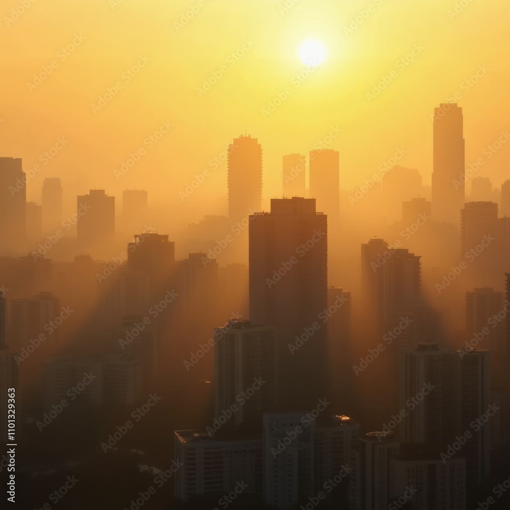 Fototapeta premium Golden Haze: A Cityscape at Sunrise