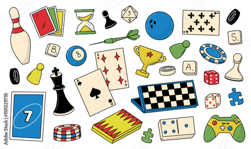 Board games doodles collection for prints, cards, posters, signs, stickers, etc. EPS 10