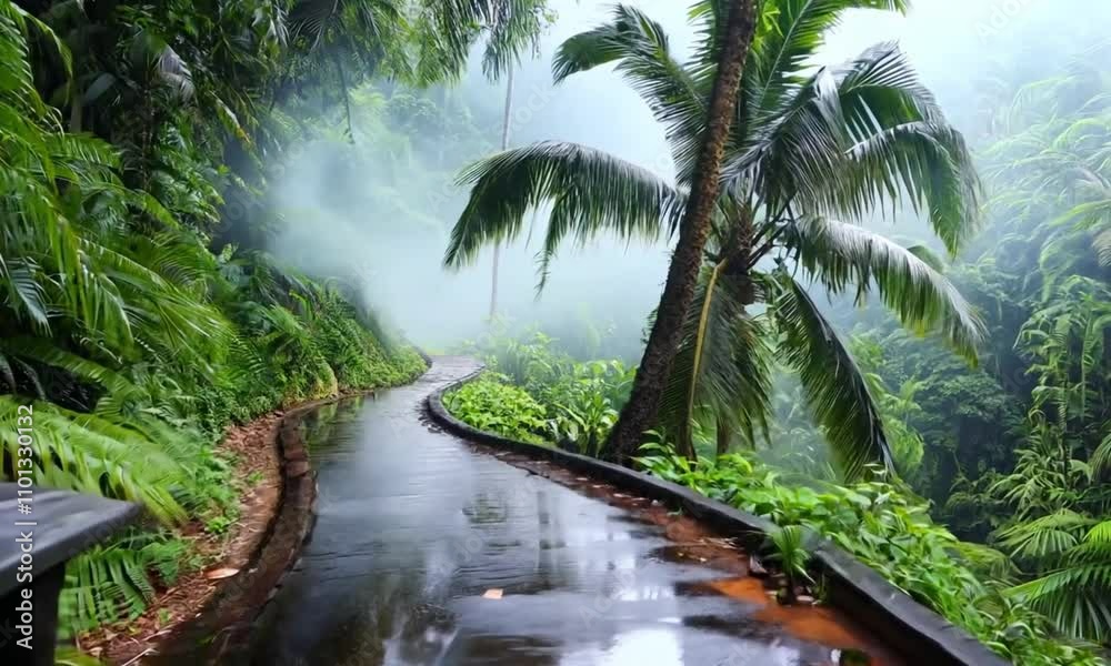 rainforest pathway with bench, serene pathway winding through lush tropical rainforest, with a wooden bench placed along the rain-soaked trail, surrounded by dense greenery and palm trees rainforest pathway with bench, serene pathway winding through lush tropical rainforest, with a wooden bench placed along the rain-soaked trail, surrounded by dense greenery and palm trees