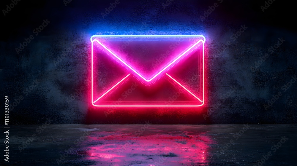 Naklejka premium Pink and blue neon light email icon. Vibrant colored envelope technology symbol, isolated on a black background