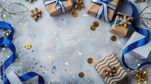 Top view of Hanukkah gifts with blue and white ribbons surrounded by dreidels and gold coins. photo