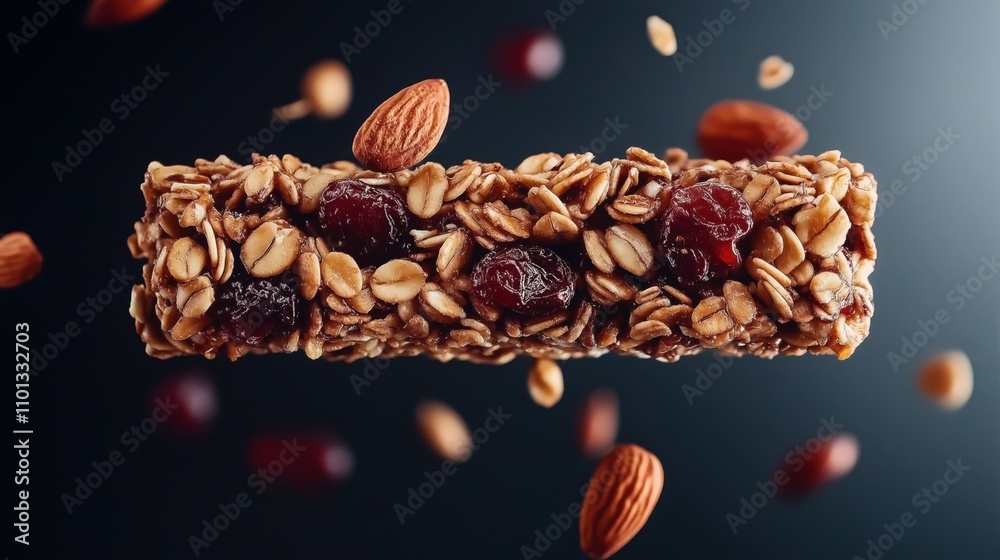 Obraz premium Granola bar with oats, almonds, and dried cranberries on dark background, surrounded by additional nuts and berries.