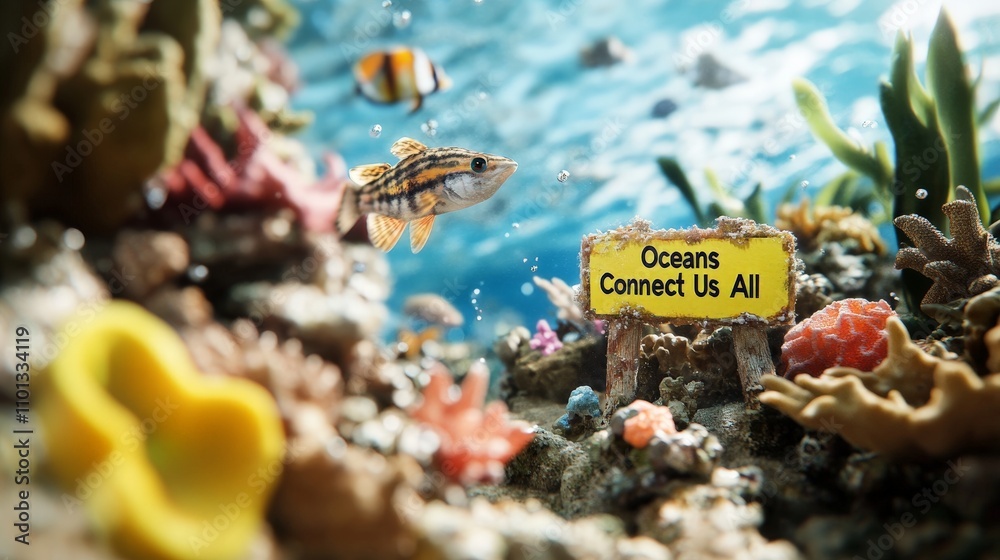 Underwater Scene with Fish and Sign About Ocean Connection Underwater Scene with Fish and Sign About Ocean Connection