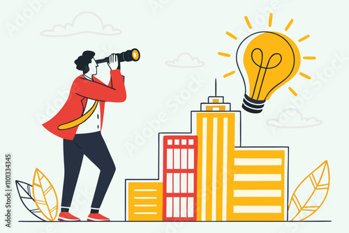 Creativity to Help See Business Opportunity, Vision to Discover New Solution or Idea, Curiosity, Searching for Success Concept, Businessman Open Lightbulb Idea Using Binoculars to See Business Vision.