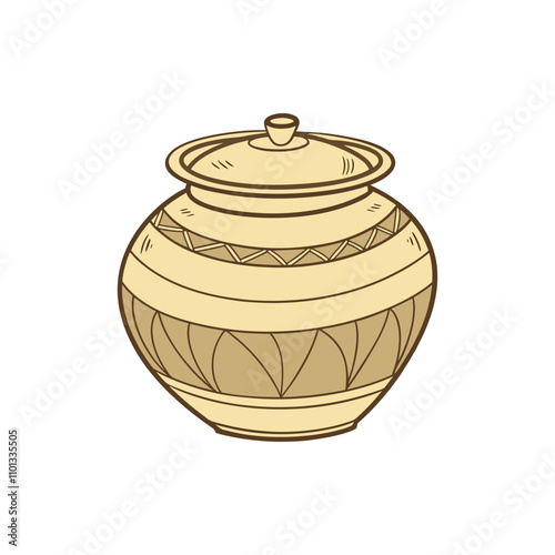 Traditional lidded pottery illustration, handcrafted ceramic jar design for art and decor themes