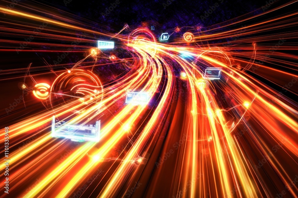 Obraz premium Abstract representation of data flow with vibrant light trails and digital icons.