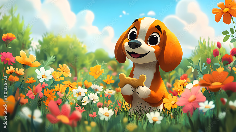 A playful cartoon-style illustration of a mischievous Beagle holding a bone, with exaggerated big eyes and floppy ears, surrounded by a colorful park scene filled with vibrant flowers and trees.