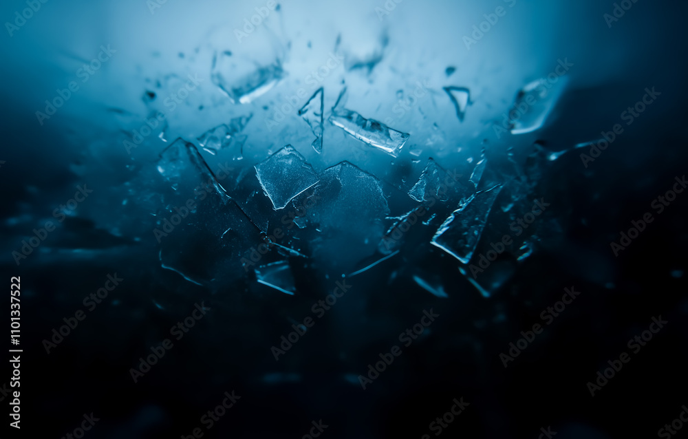 Obraz premium Artistic view of fragmented ice shards suspended in a deep blue environment, portraying fragility and cold in an abstract and striking manner. Great for atmospheric or conceptual projects.