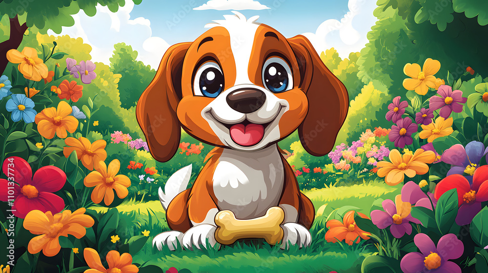 A playful cartoon-style illustration of a mischievous Beagle holding a bone, with exaggerated big eyes and floppy ears, surrounded by a colorful park scene filled with vibrant flowers and trees.