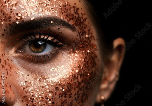 Close-up of female eye with glittering copper makeup on caucasian young adult photo