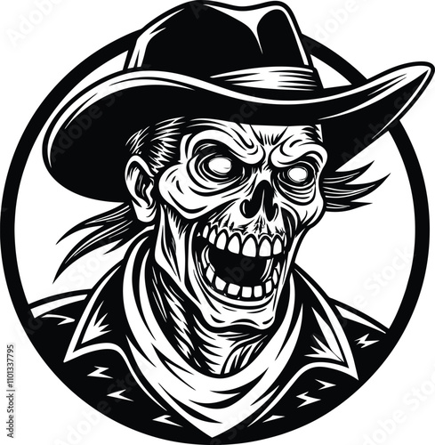 Illustration of zombie skull in cowboy hat. Design element for logo, label, sign, poster. Vector illustration
