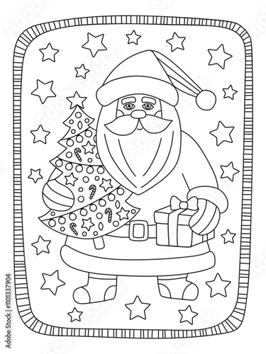 Vector antistress coloring page with Santa. Hand drawn Christmas illustation. Winter frame.