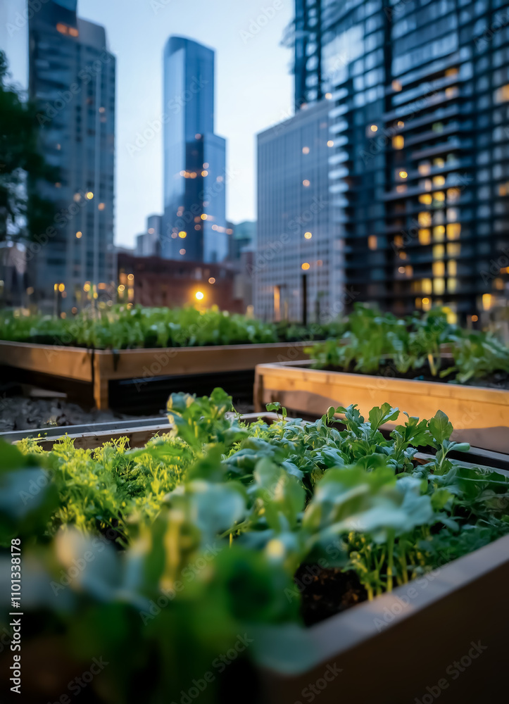 Fototapeta premium A wide-angle view of a lush community garden in an urban setting, featuring raised wooden planters filled with vibrant greens and flowers, with modern skyscrapers in the background at sunset.