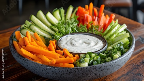 62. A bowl of fresh vegetable crudites served with ranch dressing photo