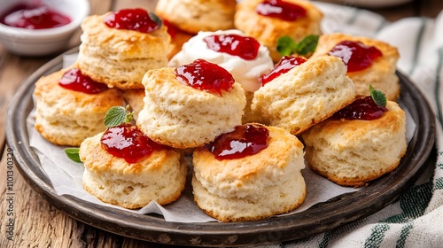 71. A tray of freshly baked scones served with clotted cream and jam