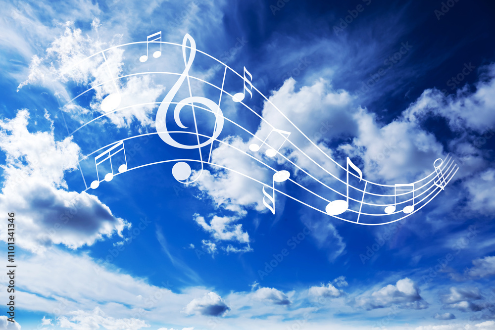 Naklejka premium Musical symbols in beautiful sky with clouds