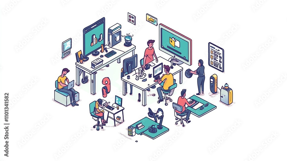 a 2D cartoon illustration of a group of developers working on a new app, collaborative and tech-focused, white background--ar 16:9