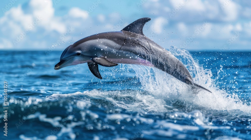 Obraz premium photograph of A realistic photo of an elegant dolphin leaping out the blue ocean waves, with detailed textures and vibrant colors, under a clear sky with clouds.