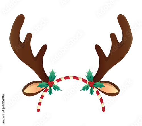 Christmas hair hoop with elk horns, ears and red berries isolated on white background. Funny element for a holiday, festival, carnival, party. Cartoon Vector style eps.