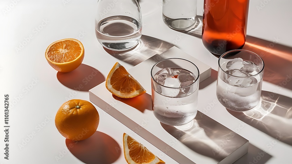 Flat lay with pieces of orange, bottle and glasses with water and ice on white surface