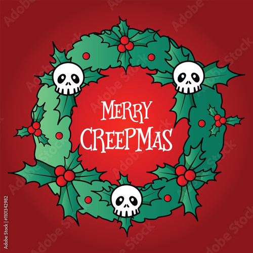 Merry Creepmas wreath design. Creepy Christmas greeting or invitation card template. Green wreath with skulls. Vector. photo