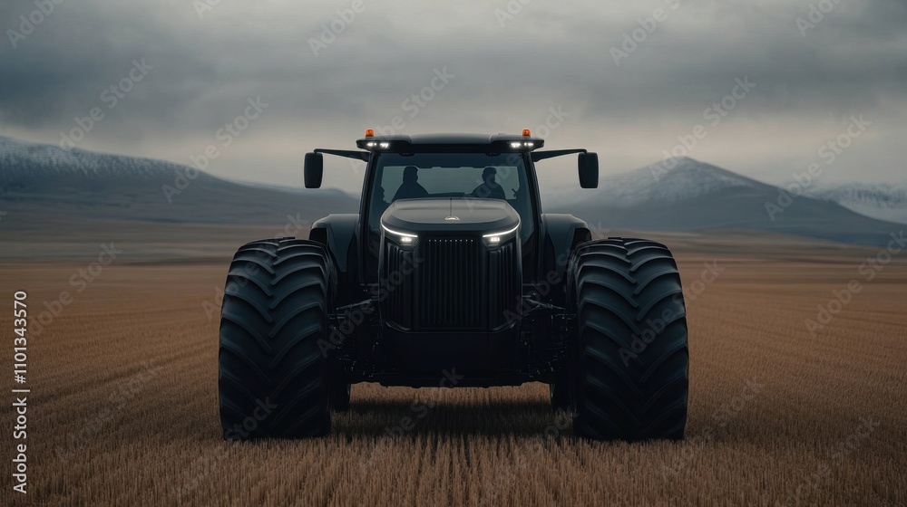 Fototapeta premium Powerful tractor on farmland with dramatic mountain background