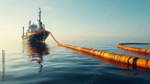 Offshore vessel deploys floating barrier boom to contain oil slick during drill, calm sea and clear sky create stark contrast to environmental threat scenario. 