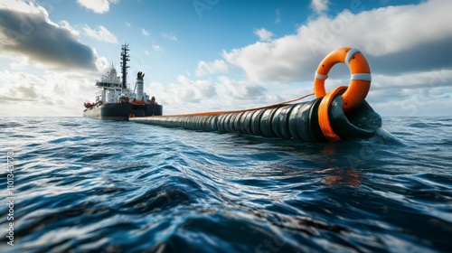 Offshore vessel deploys floating barrier boom to contain oil slick during drill, calm sea and clear sky create stark contrast to environmental threat scenario. 
